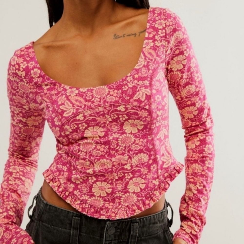 Free People Melanie Long Sleeve Top in Strawberry Combo Size S